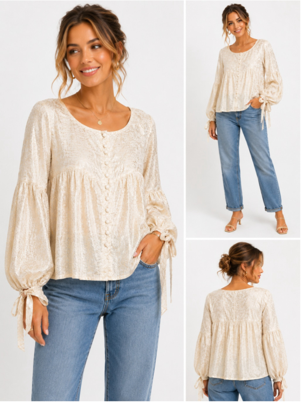 Sézane Cream Metallic Jacquard Balloon Sleeve Tie Cuff Boho Blouse EU 44 US 12